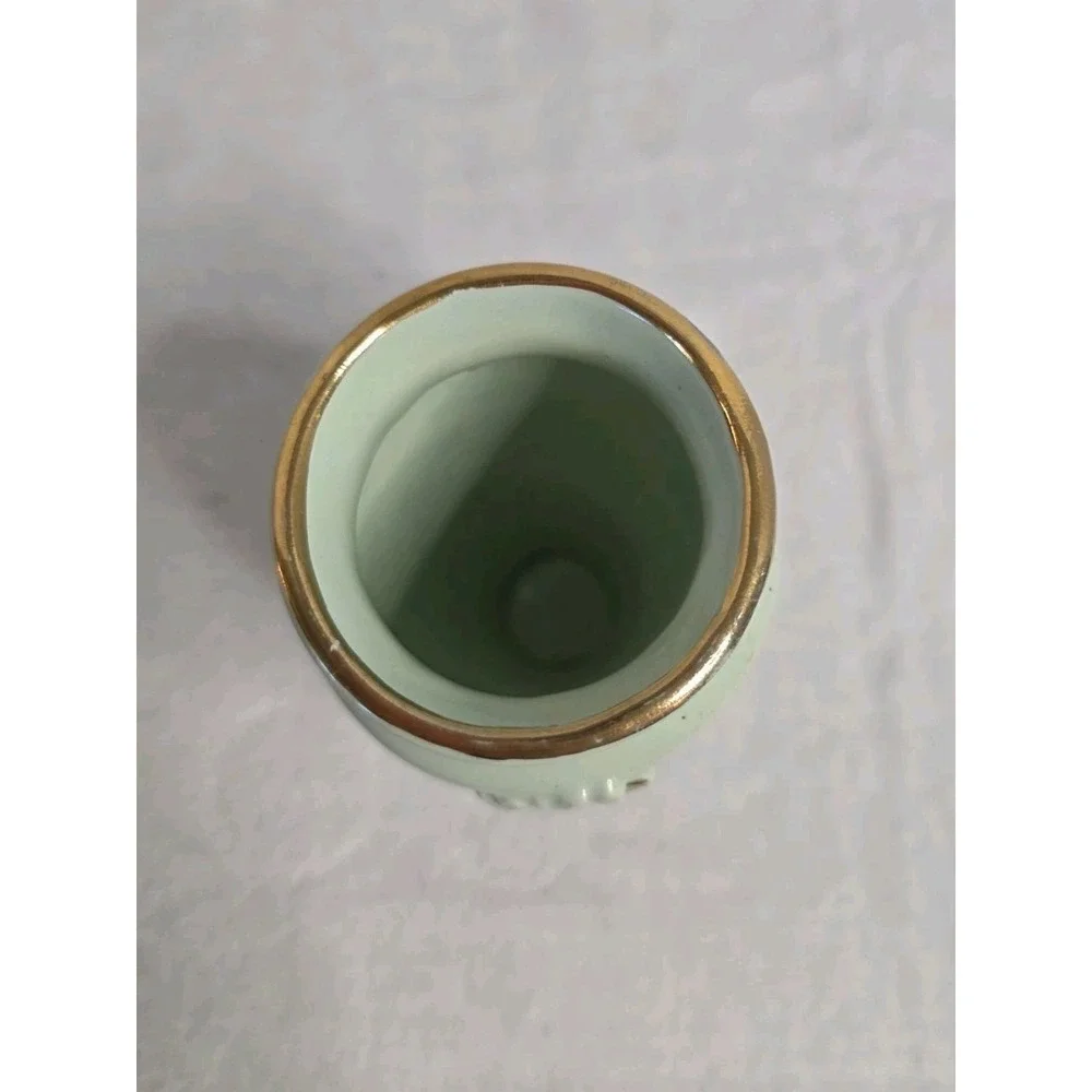 Vintage‎ Vase circa 1940's Green Pottery with Gold Embossed Flowers 4.5 Inch